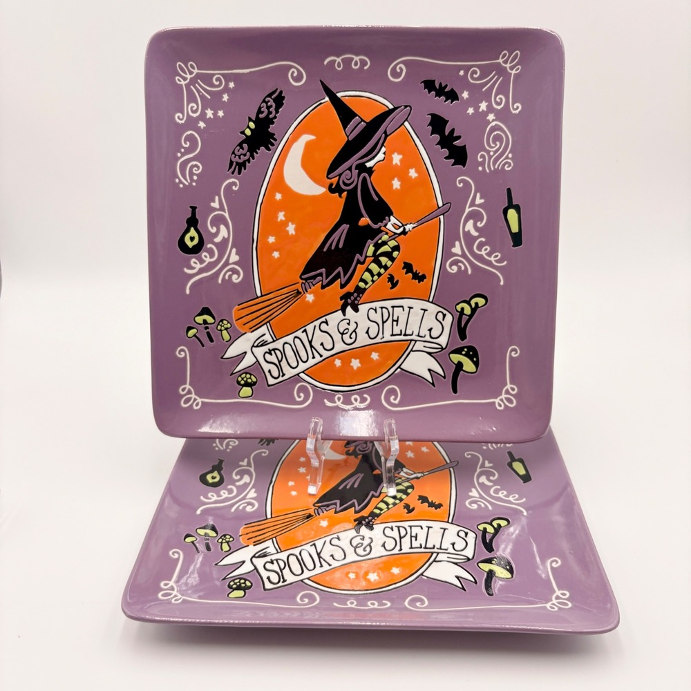 Eli + Ana Spooks & Spells Halloween Witch Ceramic Square Plates Purple Set of 2